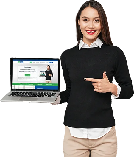 Smiling woman pointing to a laptop that displays the Easy Loans homepage